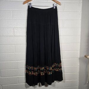 Vtg Sharon Young Maxi Skirt Small Black Crinkle Embroidered Boho Peasant Rainbow